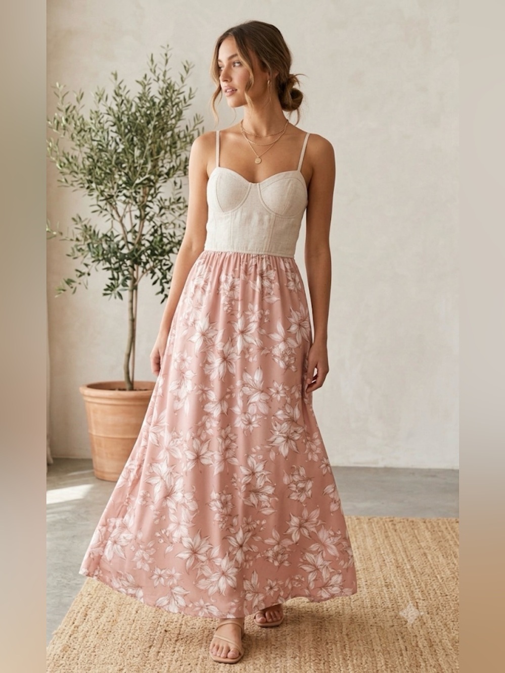 Band of the Free Linen Bustier Maxi Dress Mocha Pink Floral Boho Sz L